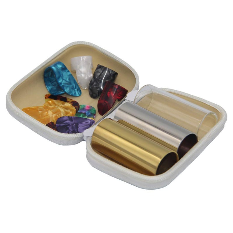 SUNLP 3 Pieces Medium Guitar Slides (Include 2 Colors Stainless Steel, 1 Pieces Glass), 6 Pieces Guitar Picks and 4 Pieces Plastic Thumb & Finger Picks in Zipper box - Image 1